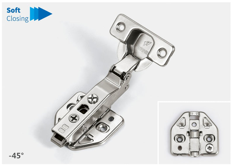 Winnec Hardware -45 Degree Soft-closing Screw On Hinge with Screw On Plate