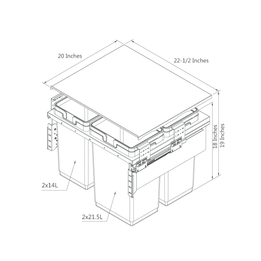 Dimension of Di Lusso Garbage Bins System - Width 22-1/2 Inches with build-in Bin Lid