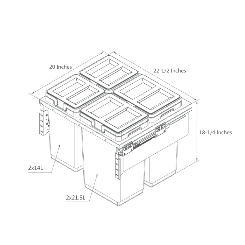 Dimension of Di Lusso Garbage Bins System - Width 22-1/2 Inches with Plastic Lids