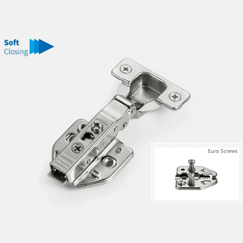 105 Degree Full Overlay Soft Closing Hinge (M8 Dowels on Cup | Euro Screws Hinge Plate | For 5/8 Inch Gable)