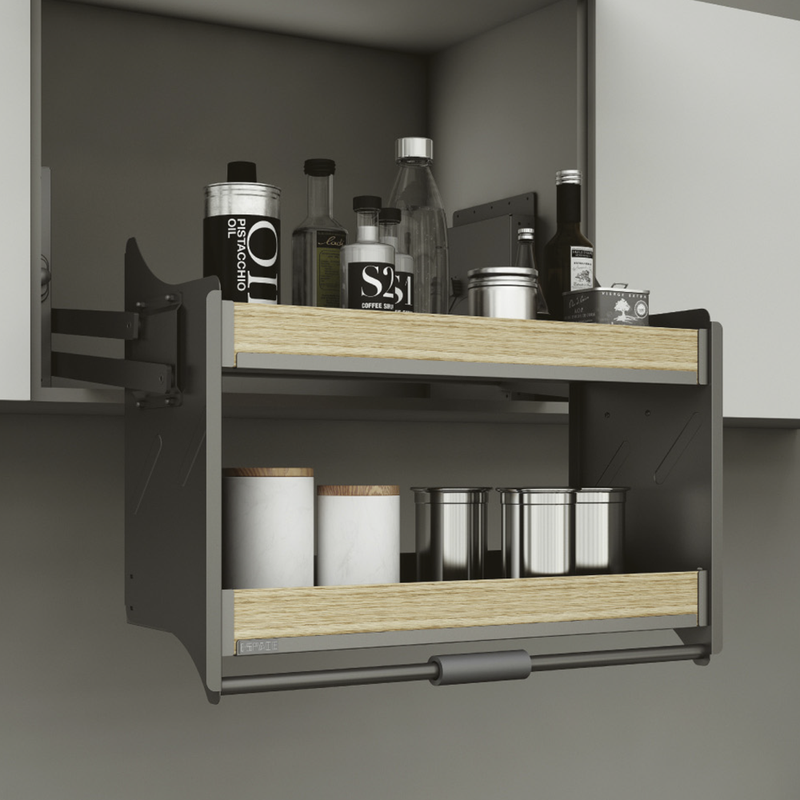 Di Lusso Kitchen Pull Down Tray Shelf with wooden accent